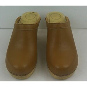 No 6 Store Leather High Heel Clog Mule Shoes Tan Wood Base Womens Size 36 US 6